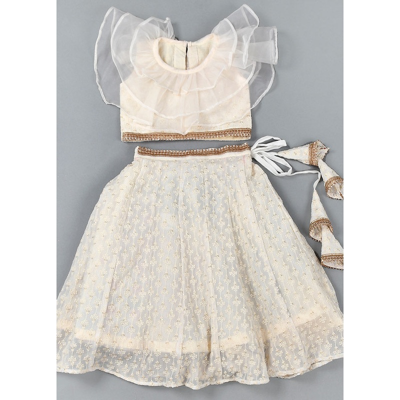 White Cotton Lace Work Lehenga Set - JD986600555