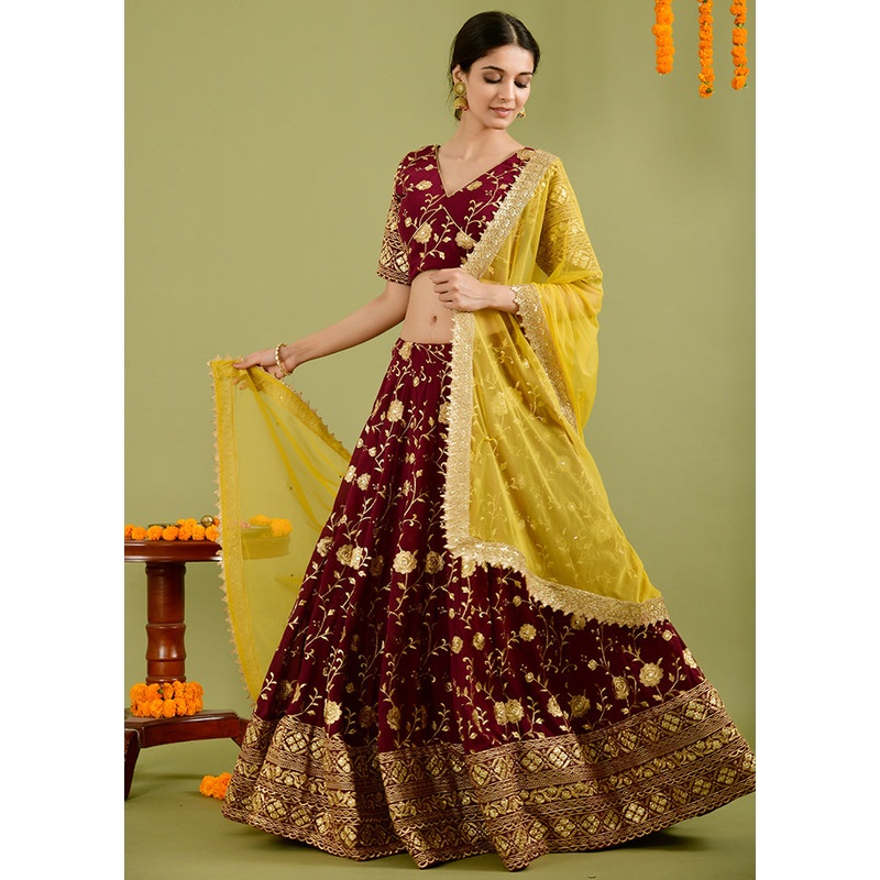 Wine Readymade Georgette Lehenga Choli Set - JD986600469
