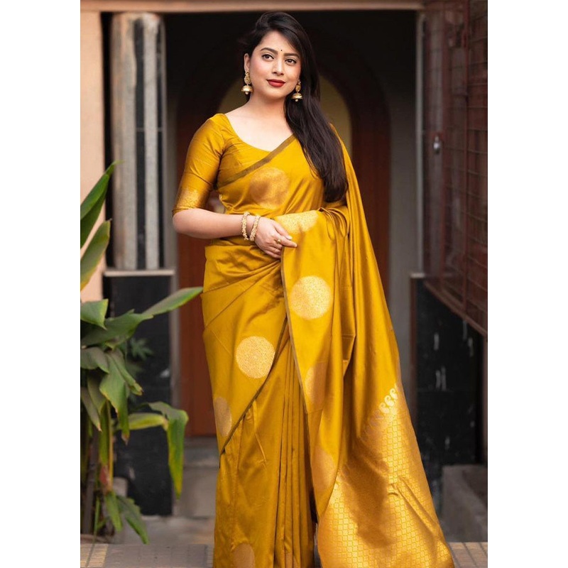 Yellow Banarasi Silk Saree With Blouse Piece - JD986600581