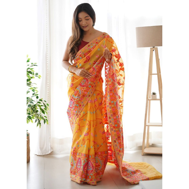 Yellow Banarasi Silk Saree With Blouse Piece - JD986600582