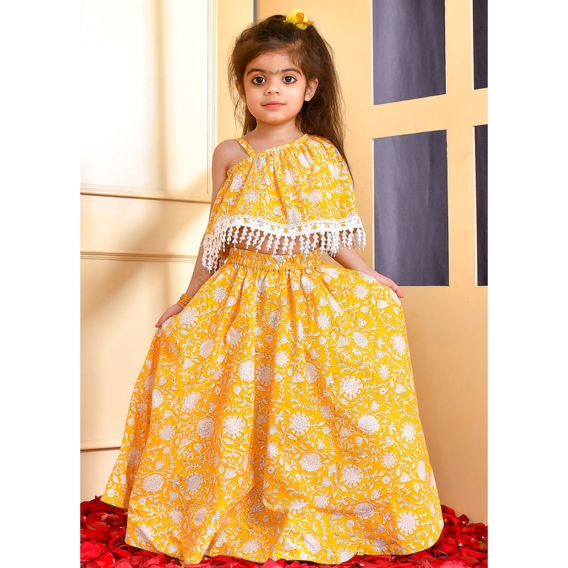 Yellow Cotton Block Print Skirt Top - JD986600556