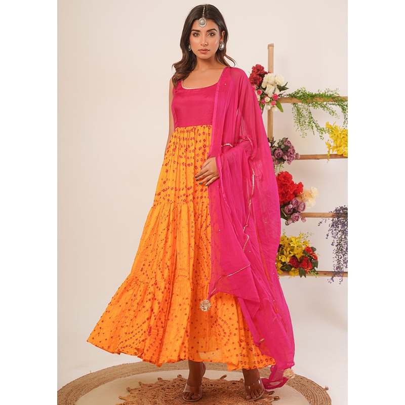 Yellow Pure Silk Indian Dress With Dupatta - JD986600576