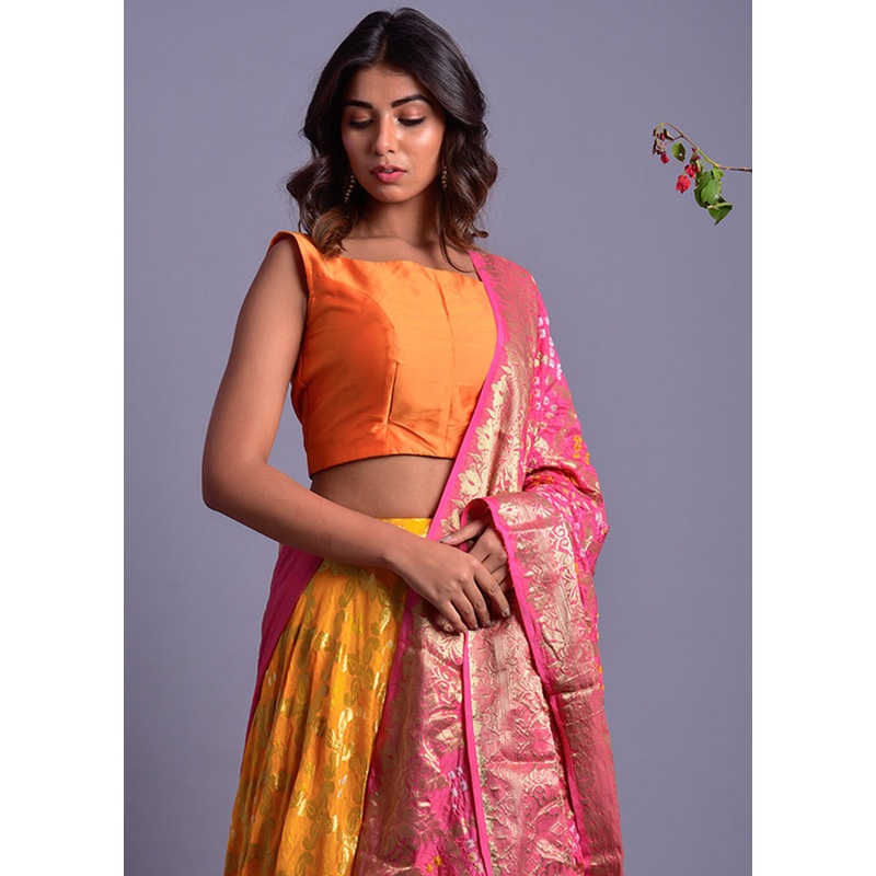 Yellow Readymade Silk Lehenga Set With Dupatta - JD986600472