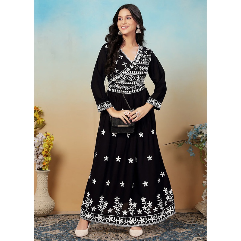 2 Pc Black Readymade Rayon Long Kurti Set - JD986600387