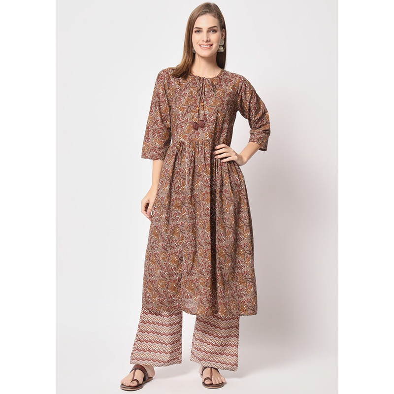 2 Pc Brown Readymade Cotton Kurti Set - JD986600385