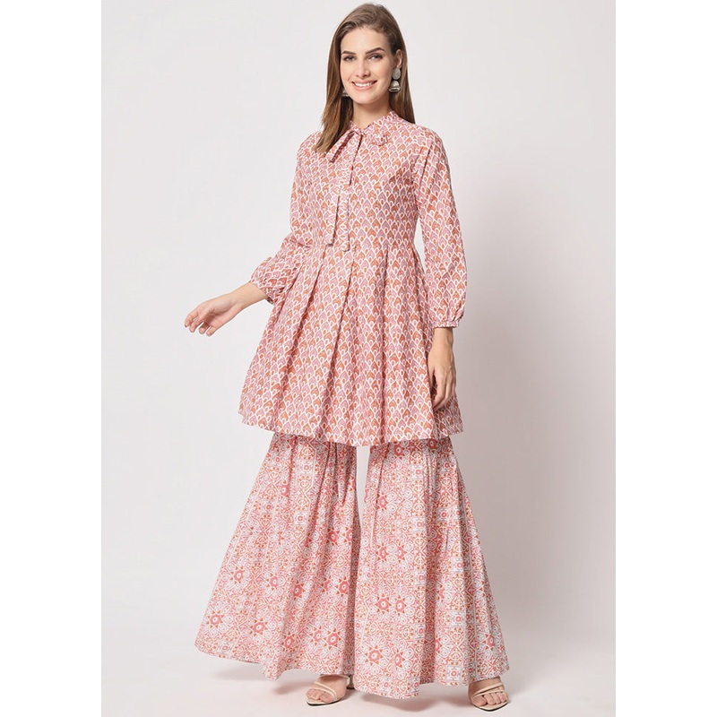 2 Pc Peach Readymade Cotton Kurti Set - JD986600383