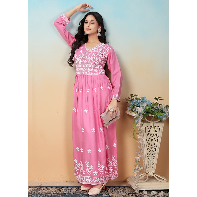 2 Pc Pink Readymade Rayon Long Kurti Set - JD986600380
