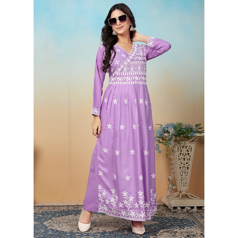 2 Pc Purple Readymade Rayon Long Kurti Set - JD986600379