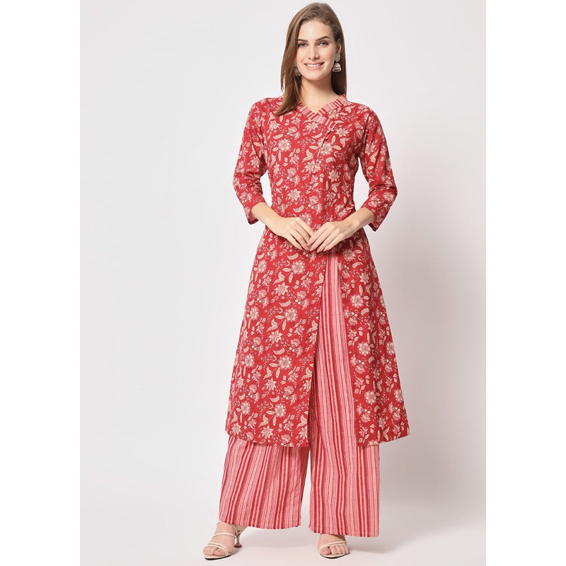 2 Pc Red Readymade Cotton Kurti Set - JD986600377