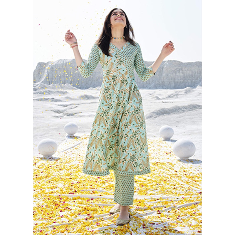 2 Pc Sea Green Readymade Cotton Kurti Set - JD986600376