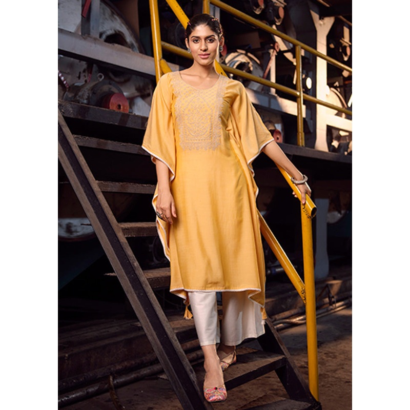 2 Pc Yellow Readymade Cotton Kurti Set - JD986600375