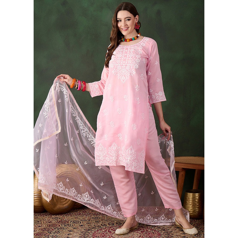 3 Pc Baby Pink Readymade Silk Dupatta Suit Set - JD986600374