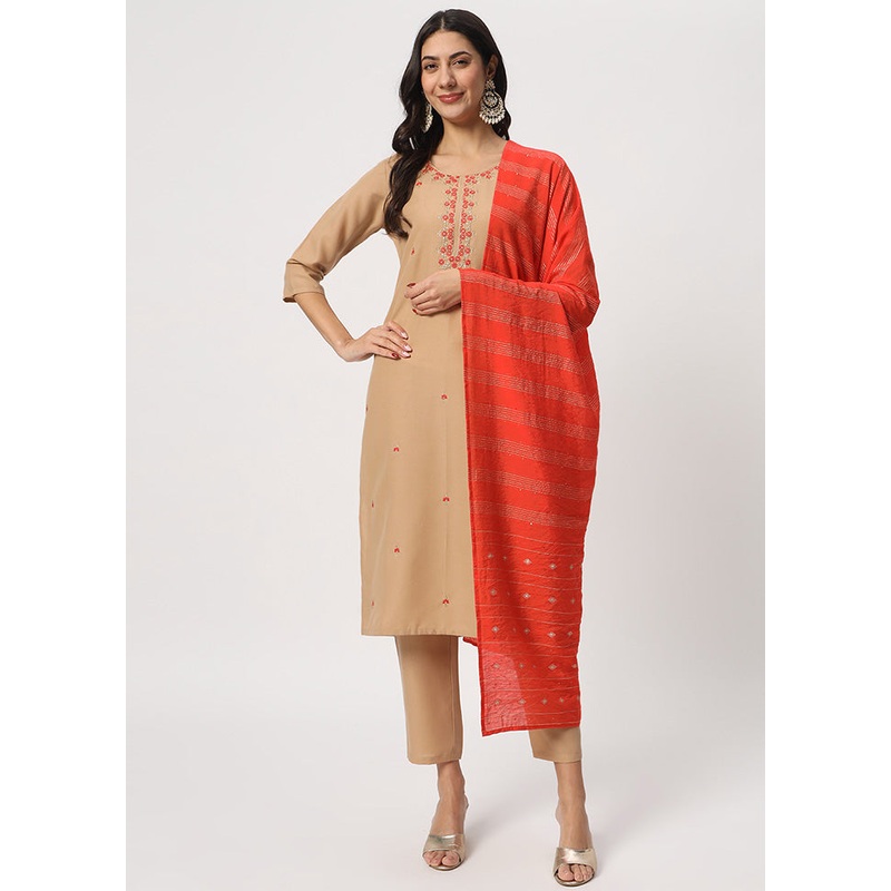 3 Pc Beige Readymade Cotton Dupatta Suit Set - JD986600371