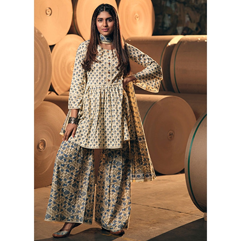 3 Pc Beige Readymade Cotton Dupatta Suit Set - JD986600372