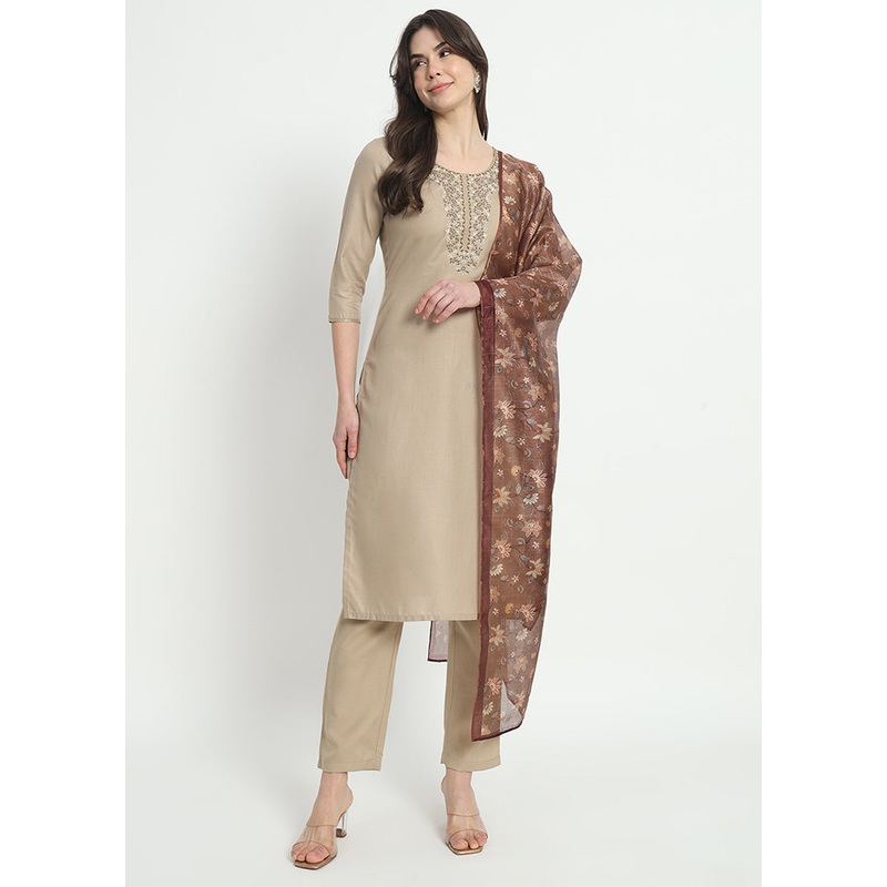 3 Pc Beige Readymade Cotton Dupatta Suit Set - JD986600373