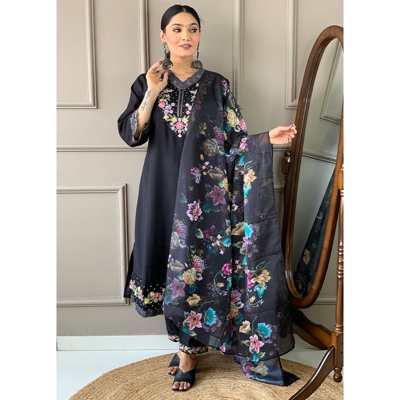 3 Pc Black Readymade Chanderi Dupatta Suit Set - JD986600370