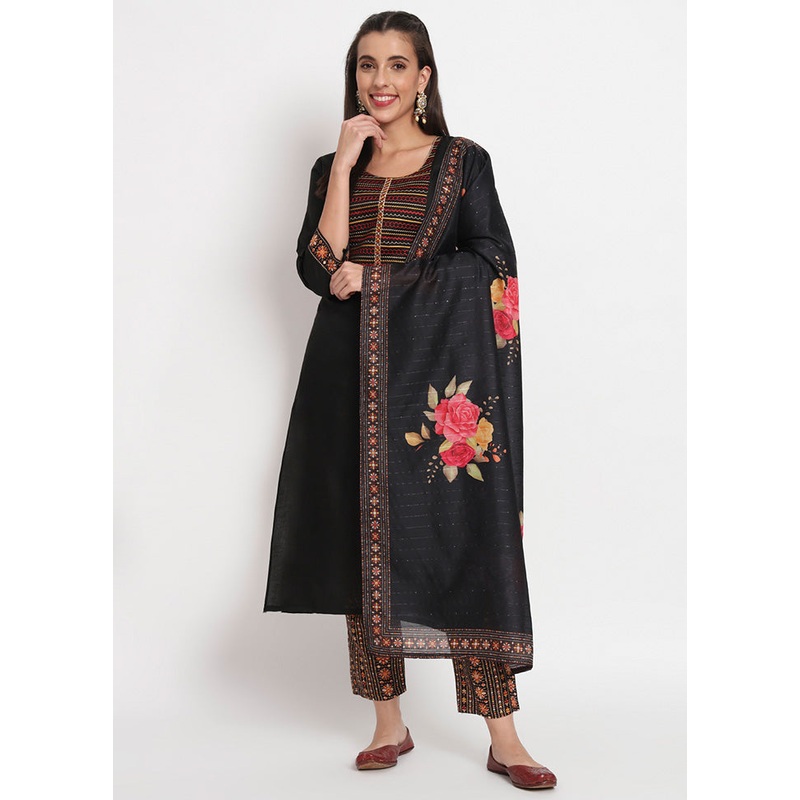 3 Pc Black Readymade Cotton Dupatta Suit Set - JD986600367