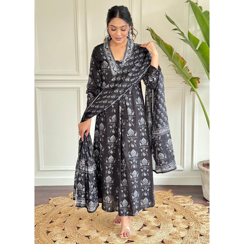 3 Pc Black Readymade Cotton Dupatta Suit Set - JD986600369