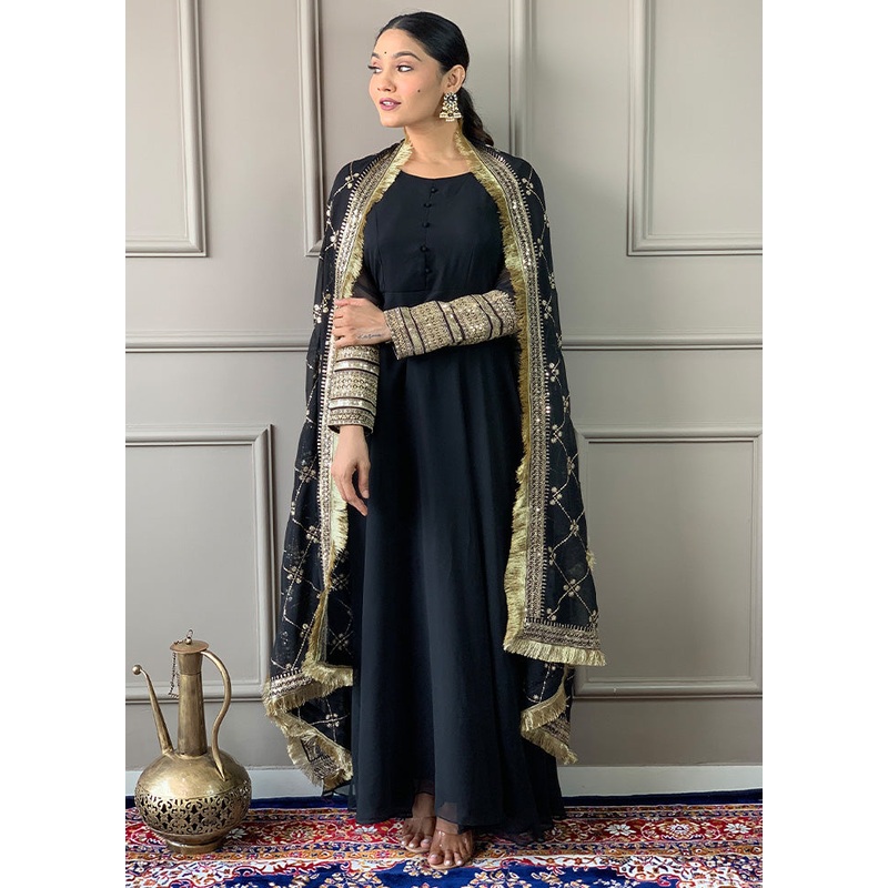 3 Pc Black Readymade Georgette Dupatta Suit Set - JD986600366