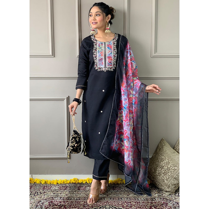 3 Pc Black Readymade Rayon Dupatta Suit Set - JD986600365