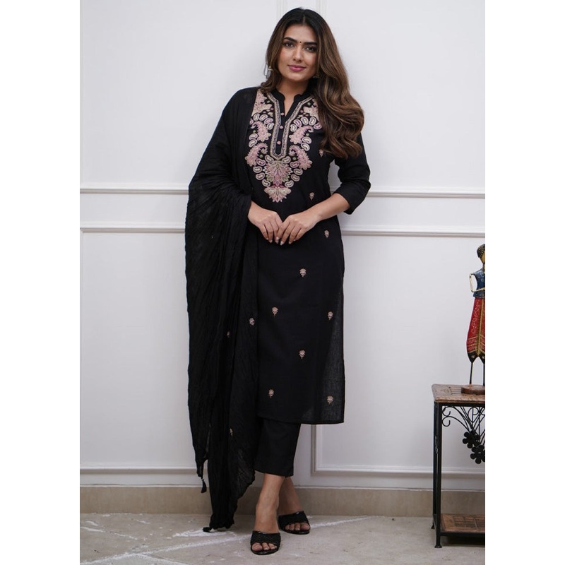 3 Pc Black Readymade Viscose Dupatta Suit Set - JD986600364