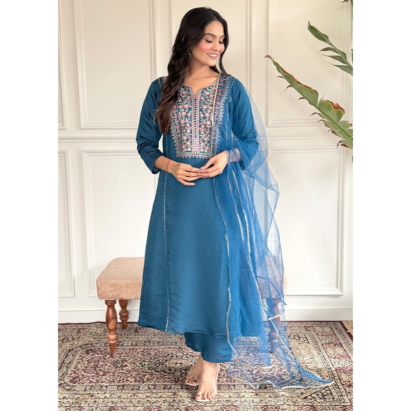 3 Pc Blue Readymade Chanderi Dupatta Suit Set - JD986600363