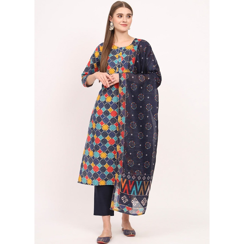 3 Pc Blue Readymade Cotton Dupatta Suit Set - JD986600358