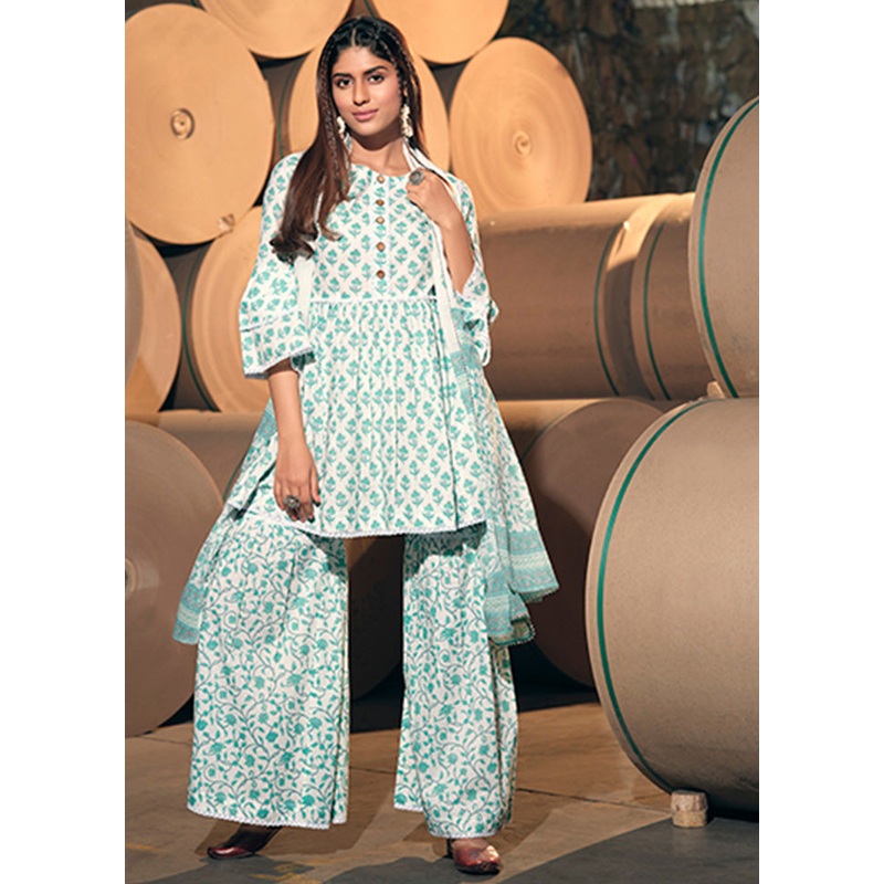 3 Pc Blue Readymade Cotton Dupatta Suit Set - JD986600359