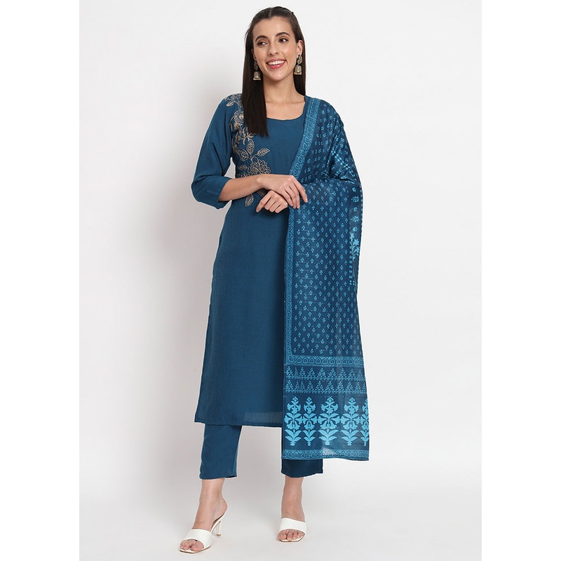 3 Pc Blue Readymade Cotton Dupatta Suit Set - JD986600360