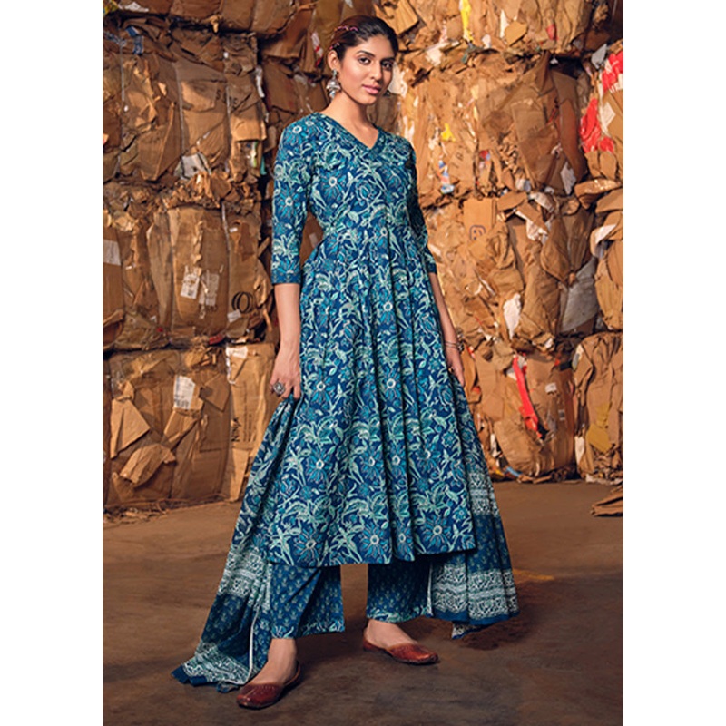 3 Pc Blue Readymade Cotton Dupatta Suit Set - JD986600361