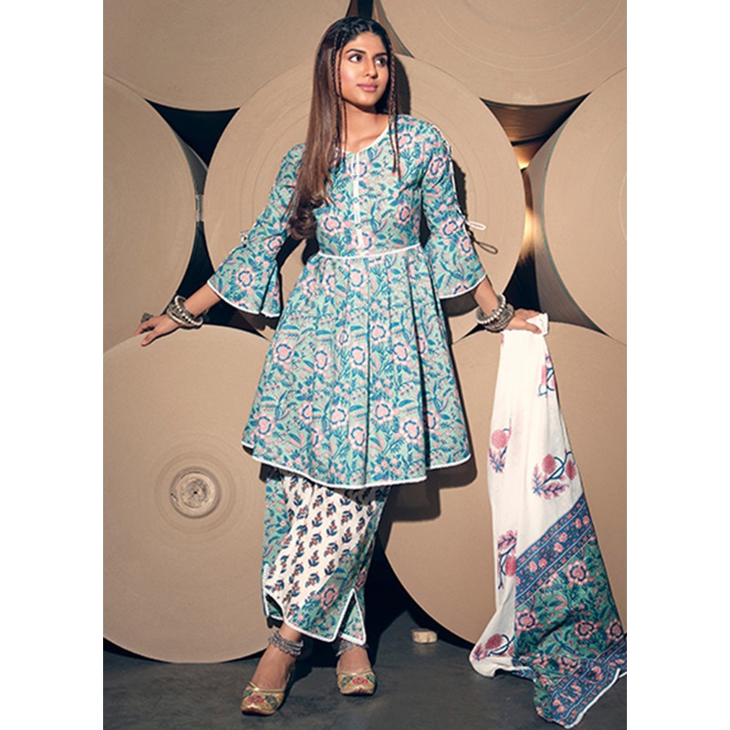 3 Pc Blue Readymade Cotton Dupatta Suit Set - JD986600362