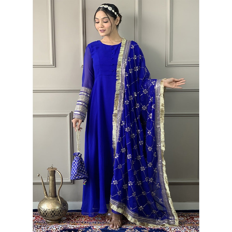 3 Pc Blue Readymade Georgette Dupatta Suit Set - JD986600356