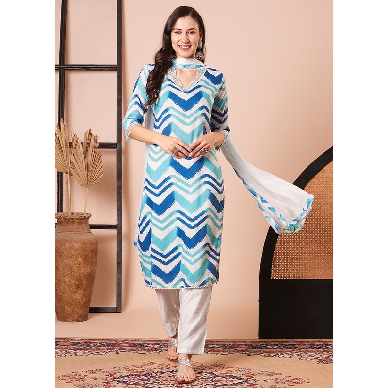3 Pc Blue Readymade Silk Dupatta Suit Set - JD986600354