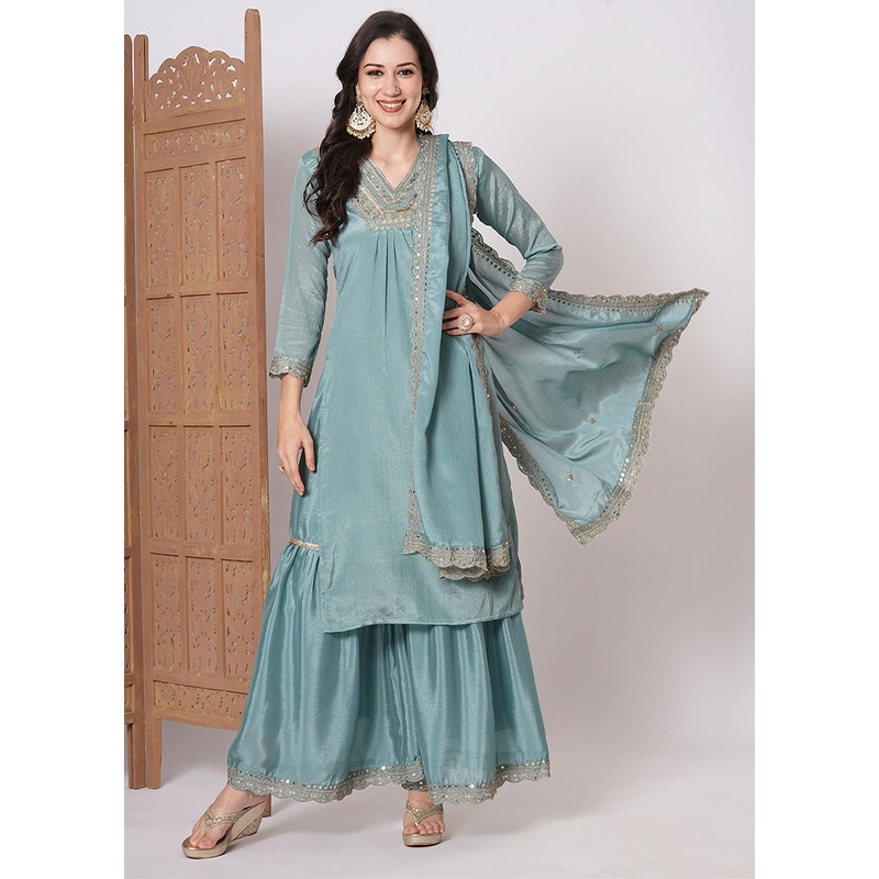 3 Pc Blue Readymade Silk Dupatta Suit Set - JD986600355