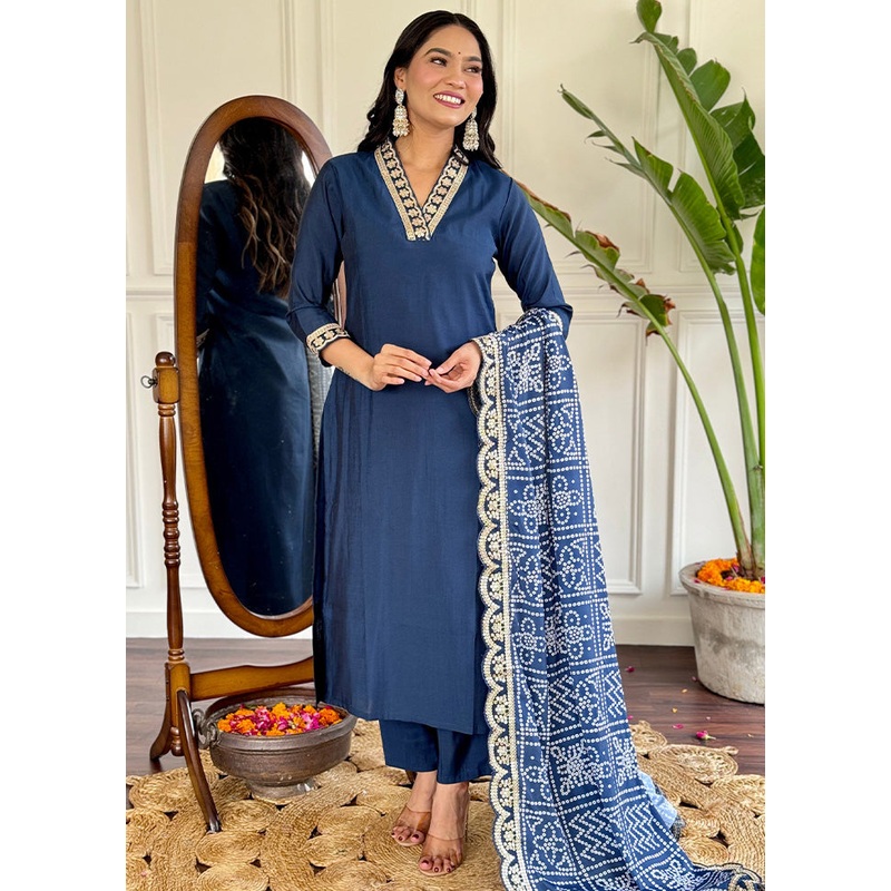 3 Pc Blue Readymade Viscose Dupatta Suit Set - JD986600352