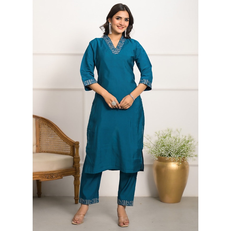 3 Pc Blue Readymade Viscose Dupatta Suit Set - JD986600353