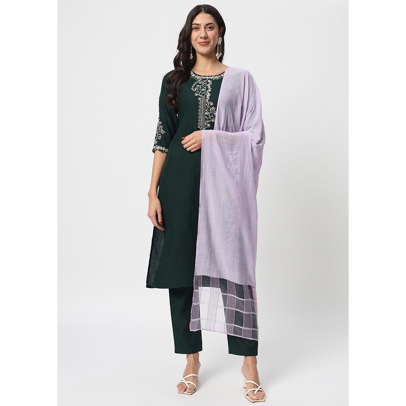 3 Pc Bottle Green Readymade Cotton Dupatta Suit Set - JD986600350