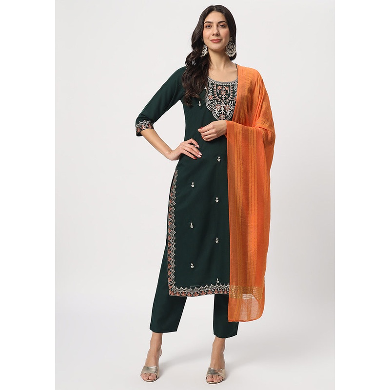 3 Pc Bottle Green Readymade Cotton Dupatta Suit Set - JD986600351