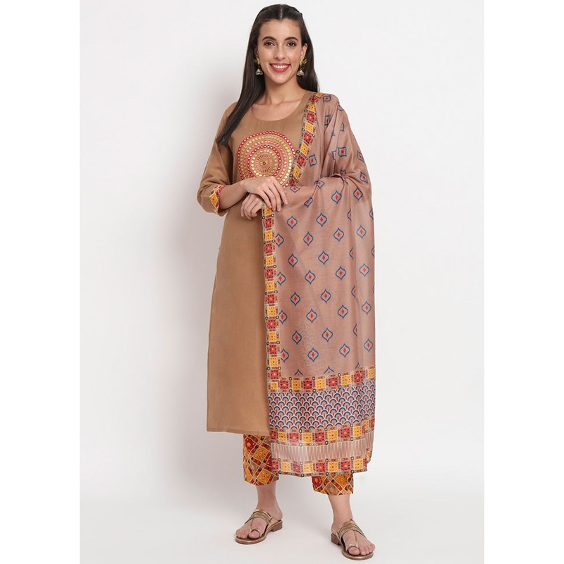 3 Pc Brown Readymade Cotton Dupatta Suit Set - JD986600346