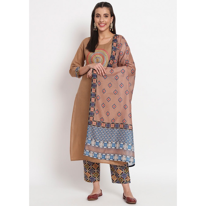 3 Pc Brown Readymade Cotton Dupatta Suit Set - JD986600347