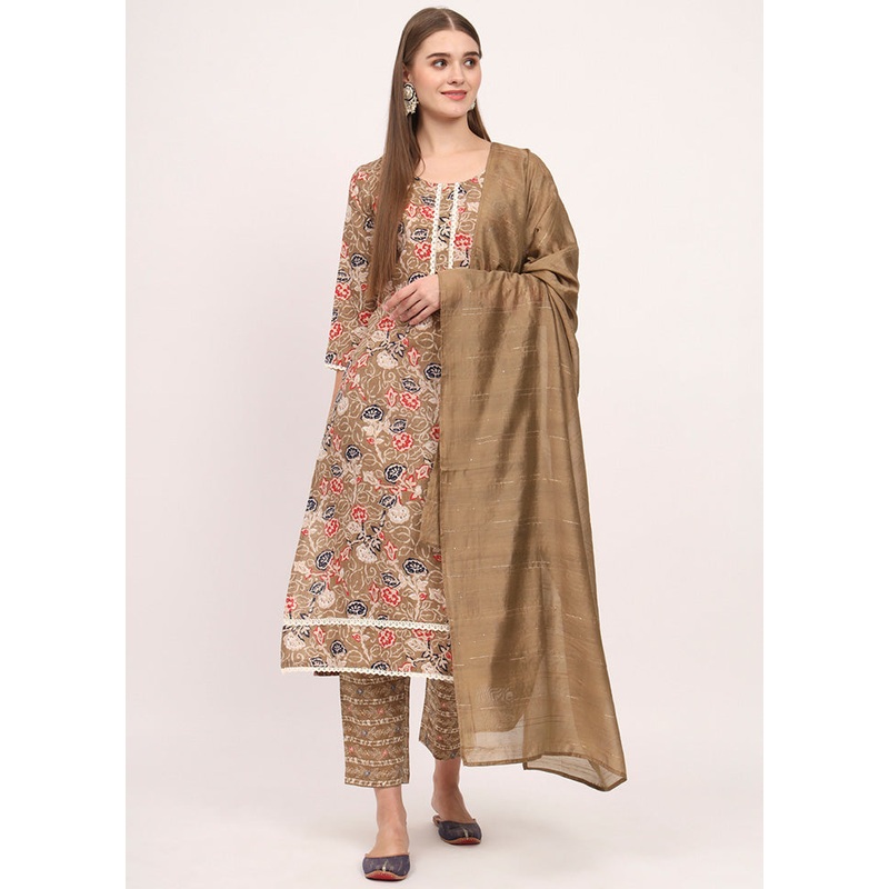 3 Pc Brown Readymade Cotton Dupatta Suit Set - JD986600348