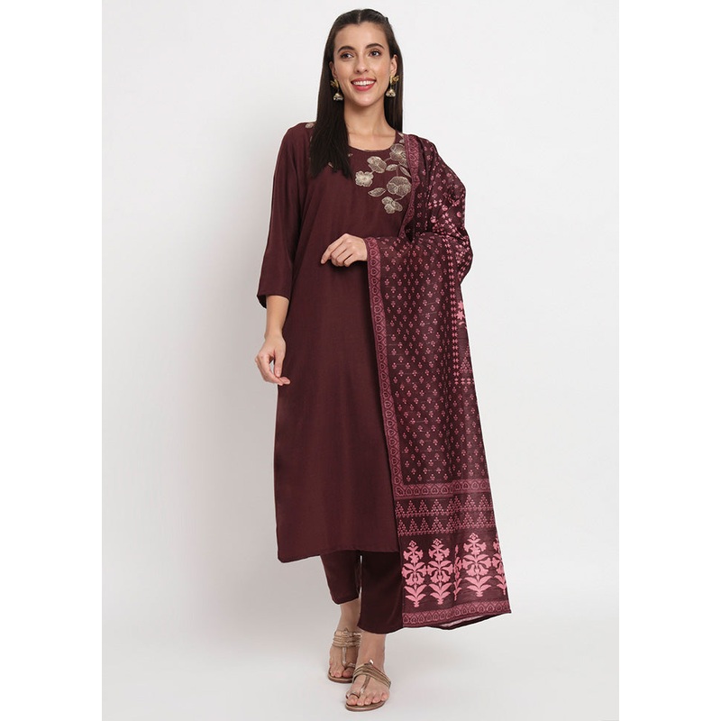 3 Pc Brown Readymade Cotton Dupatta Suit Set - JD986600349