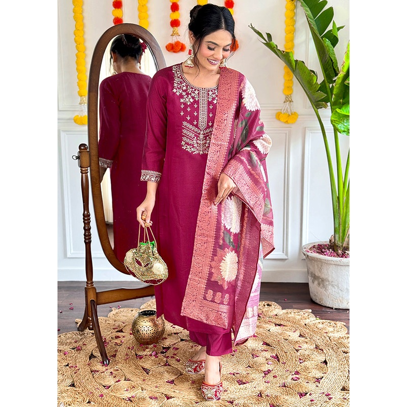 3 Pc Burgundy Readymade Viscose Dupatta Suit Set - JD986600345