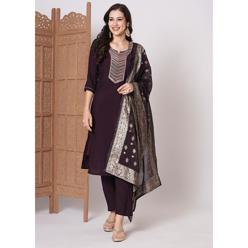 3 Pc Coffee Readymade Chanderi Dupatta Suit Set - JD986600344