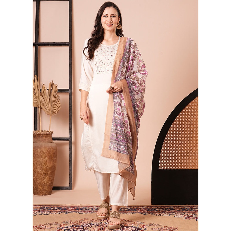 3 Pc Cream Readymade Chanderi Dupatta Suit Set - JD986600343