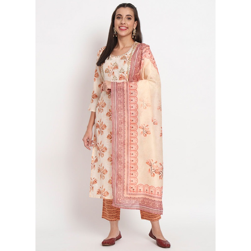 3 Pc Cream Readymade Cotton Dupatta Suit Set - JD986600341