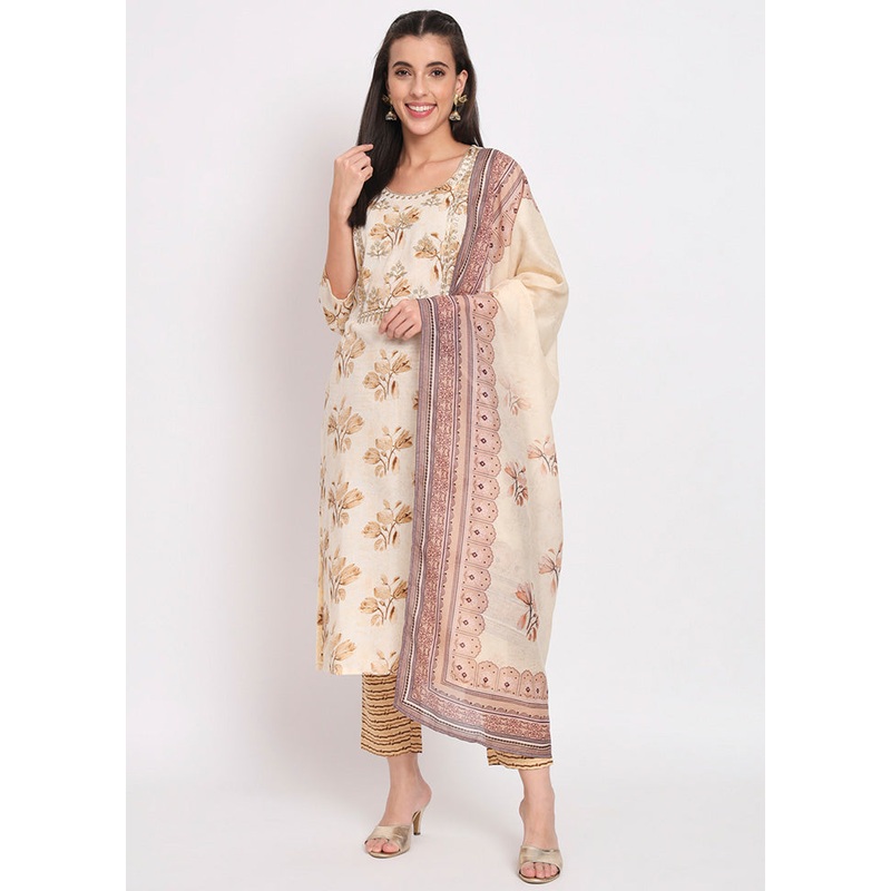 3 Pc Cream Readymade Cotton Dupatta Suit Set - JD986600342