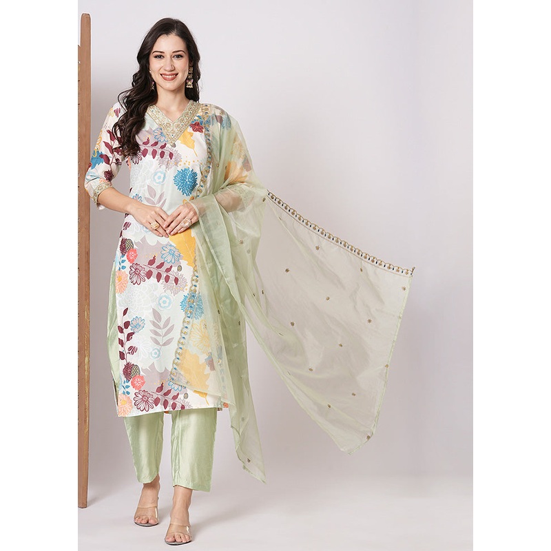3 Pc Cream Readymade Silk Dupatta Suit Set - JD986600339