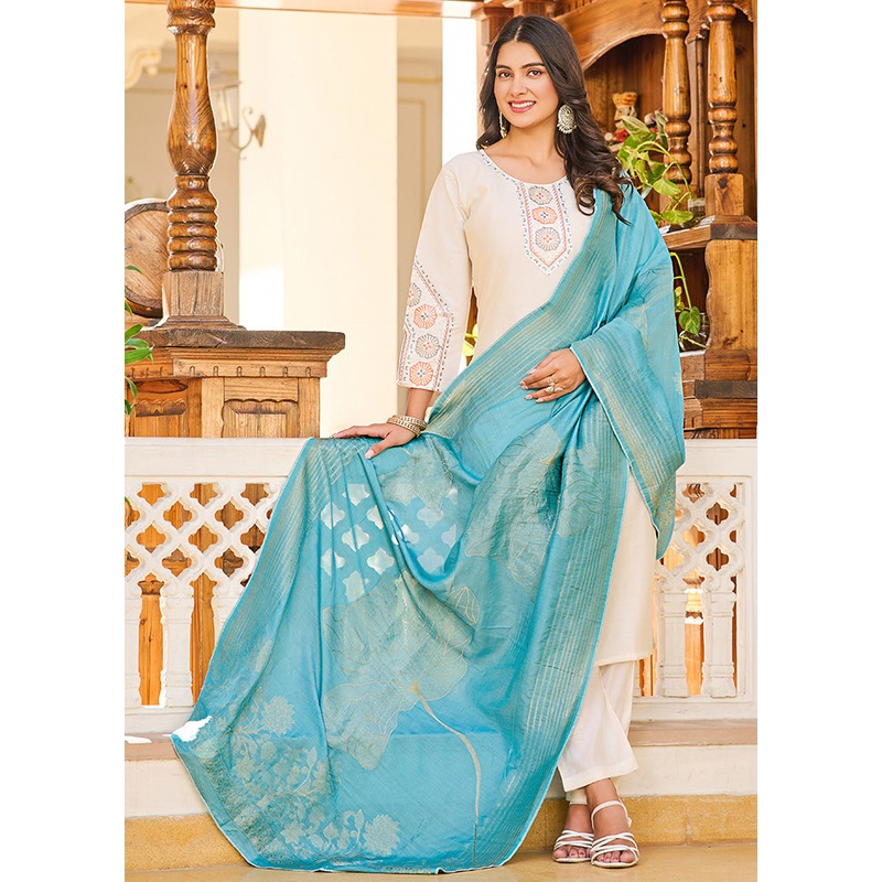 3 Pc Cream Readymade Silk Dupatta Suit Set - JD986600340