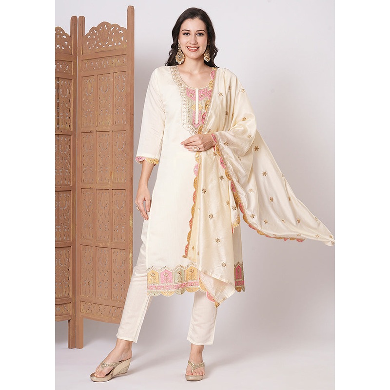 3 Pc Cream Readymade Viscose Dupatta Suit Set - JD986600335